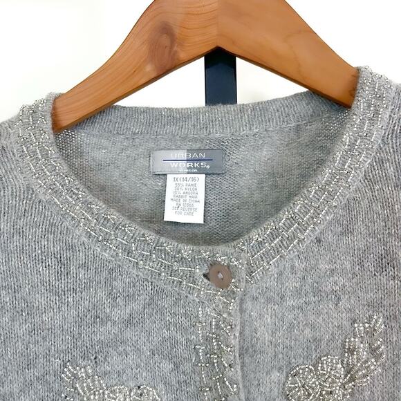 Urban Works Womens Angora Blend Vintage Beaded Cardigan Sweater - Gray, Size 1X - Picture 3 of 7
